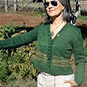 v-necked long-sleeved cardigan with interesting pattern around the waist