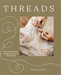 The cover of Embroidery in 10 Lessons, featuring 3 images of embroidered flowers: one on a jeans leg, one on white shoes, and one on the yoke of a green sweater.