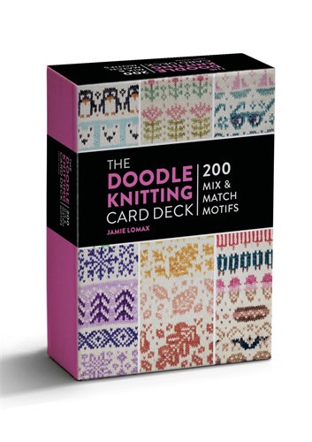 The box containing the Doodle Knitting Card Deck showing a variety of colorwork stitch patterns knit ona  cream background