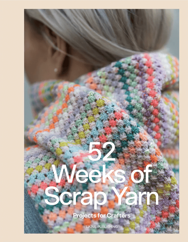 The cover to 52 Weeks of Scrap Yarn, featuring a scarf made of alternating rows of color and gray.