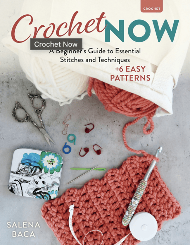 The cover of Crochet Now, featuring an assortment of tools, crocheted fabric dropped randomly on a gray surface.