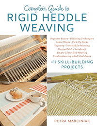 Cover of Complete Guide to Rigid Heddle Weaving, featuring a rigid heddle loom, a placemat, a scarf, and in small red text: Beginner Basics * Finishing Techniques, Color Effects * Pick-Up Sticks, Tapestry * Two-Heddle Weaving, Clasped Weft * Krokbragd, Finger-Controlled Weaving, Troubleshooting * And Much More. In larger blue text below that is the text: +11 Skill-Building Projects