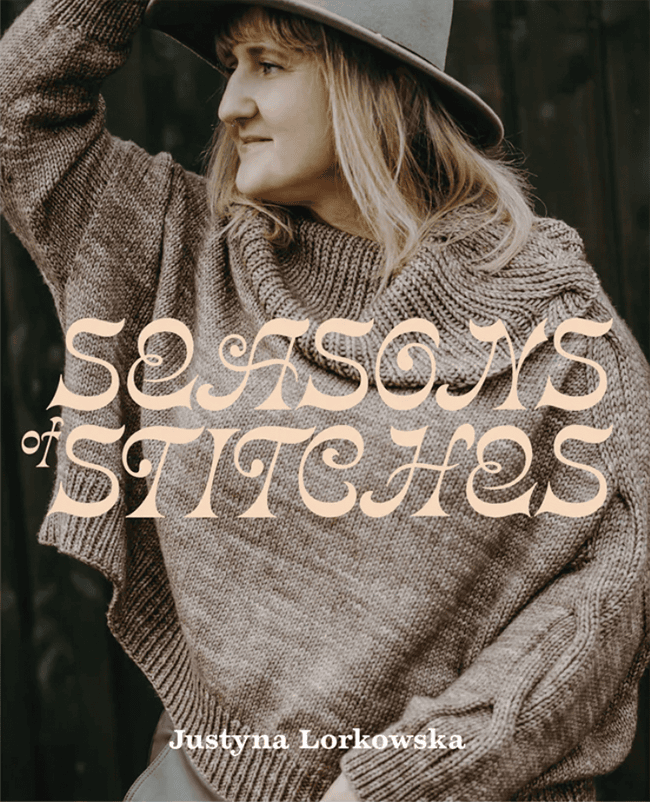 The cover of Season of Stitches, featuring a brown sweater with a large ribbed neck.