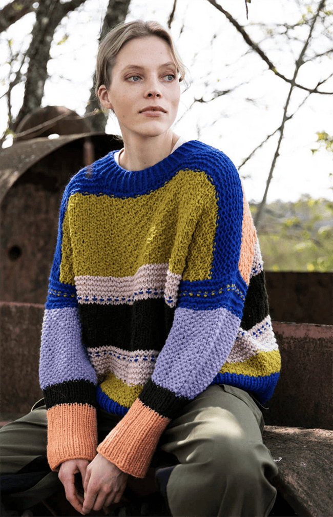 A page from Tukubook, featuring a slightly oversized sweater worked in blocks of different stitches.