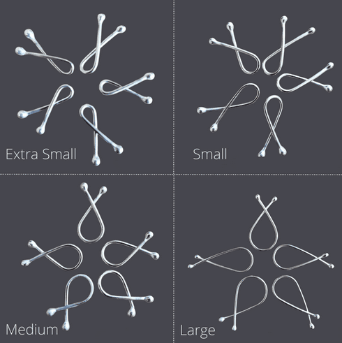 A grid of 2x2 images of 5 statich markers. They're metal rods with balls on the end bent into the shape of ribbons. There are 5 in each quadrant, arranged into a star shape with the following text at the bottom of each quadrant: Extra Small, Small, Medium, Large