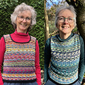 Scrappy knit colorwork vests with either round or square neck