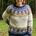 Sweater with beautiful yoke and hem patterning of trees and a gradient background