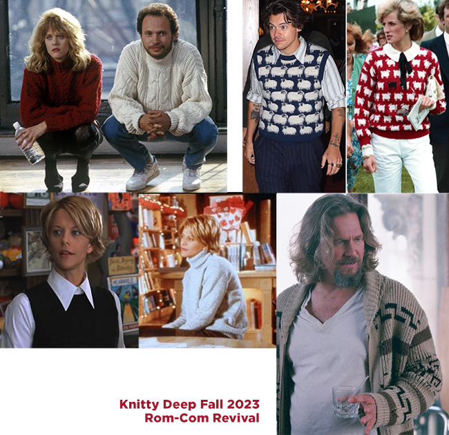 Deep Fall mood board, featuring thickly textured sweaters like those worn by Meg Ryan in all the rom-com movies from the 1990s.