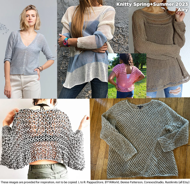 spring and summer mood board, featuring airy sweaters made of linen, cotton, in knitting and crochet, with interesting details including wide stripes, patterning, unusual garment shapes
