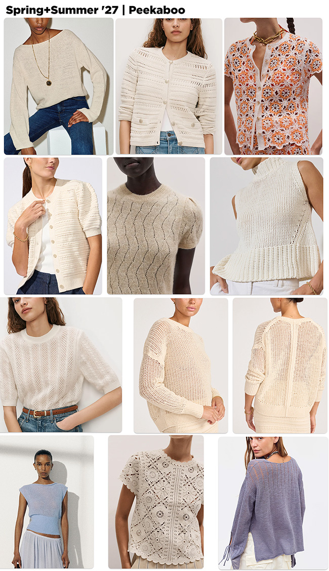 Knitty Spring+Summer '27 moodboard featuring short sleeve, long sleeve and sleeveless translucent sweaters. They feature simple lace patterns that can show skin underneath or lightweight plant-based yarns knit at a loose gauge. Crocheted lace is also shown in sweaters made of floral motifs. '