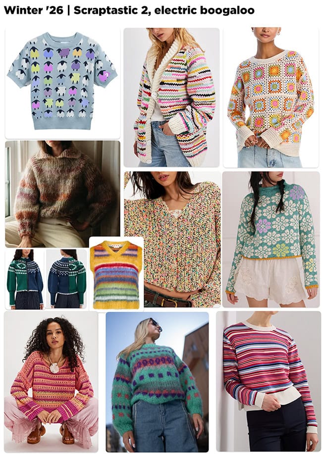 Knitty Winter mood board, featuring sweaters with brushed mohair stripes, fair isle sweaters that are different on either side, colorwork sweaters with different motifs knit in leftover yarns, striped pullovers where the stripes change color midway through the stripe